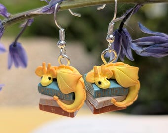 Golden Dragon on Books Earrings - Whimsical Book Lover Jewelry - Fantasy Clay Earrings
