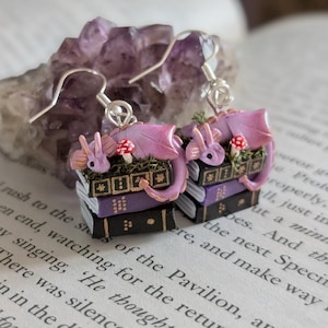 Lavender Book Dragon Earrings with Moss and Mushroom, Handmade Polymer Clay Fantasy Jewellery image 1