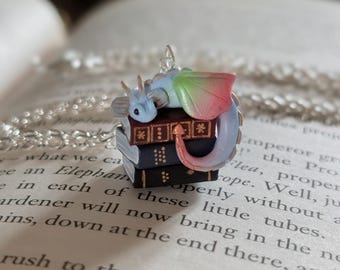 Book Dragon Necklace with 1.5 x 1.5 cm Charm - Jewellery for Bookish People by Coryographies, Polymer Clay Art Handmade without Moulds