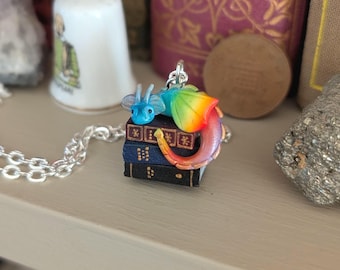 Rainbow Book Dragon Necklace - Handmade Polymer Clay Fantasy Pendant