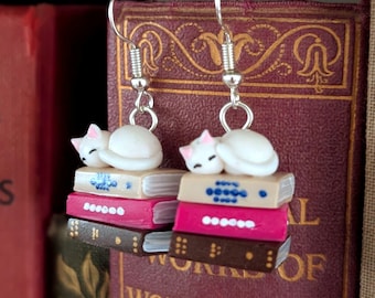 White Cat on a Stack of Books Earrings - Book Jewelry by Coryographies