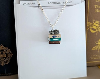 Grey Tabby Cat on a Stack of Books Necklace 1.2x1.2cm