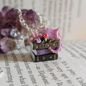 Lavender Book Dragon Necklace with Moss and Mushroom, Handmade Polymer Clay Fantasy Jewellery image 1