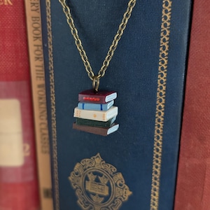 Stack of Books Necklace, Miniature Book Lover Pendant, Bronze Chain