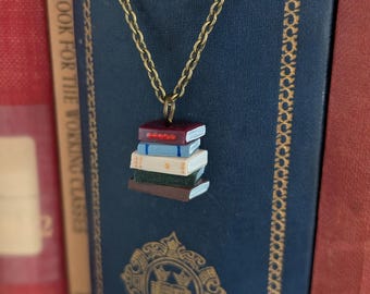 Book Stack Necklace, Miniature Pendant, Book Lover Jewelry