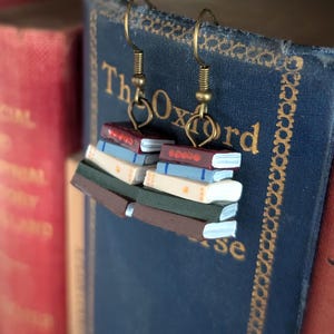 Stack of Books Earrings, Library Colours, Bronze Hooks - Book Jewellery Handmade by Coryographies
