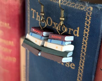 Stack of Books Earrings, Library Colours, Bronze Hooks - Book Jewellery Handmade by Coryographies