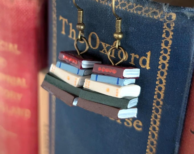 Stack of Books Earrings, Handmade Polymer Clay Book Jewellery, Bronze Findings