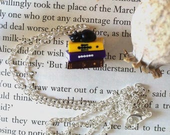 Black Cat on a Stack of Books Necklace 1.2x1.2cm