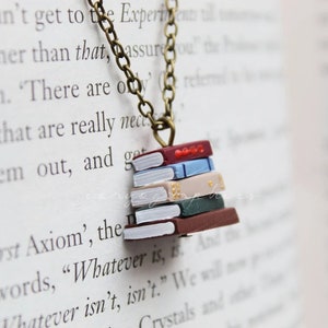 Stack of Books Necklace Tiny pile of books on a bronze chain for bookworms and booklovers by Coryographies image 1