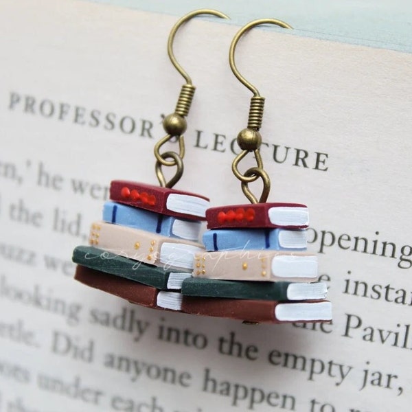 Stack of Books Earrings, Library Colours, Bronze Hooks (Made to Order) - Book Jewellery by Coryographies