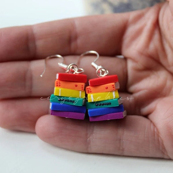 Rainbow Stack of Books Earrings (Made to Order) - LGBT / PRIDE / NHS - Book Jewelry by Coryographies