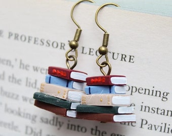 Stack of Books Earrings, Library Colours, Bronze Hooks (Made to Order) - Book Jewellery by Coryographies
