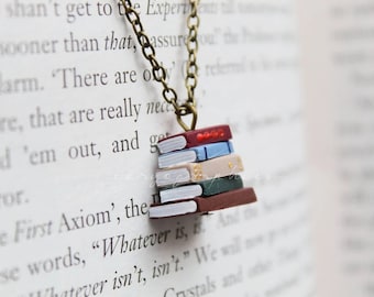 Stack of Books Necklace - Tiny pile of books on a bronze chain for bookworms and booklovers by Coryographies