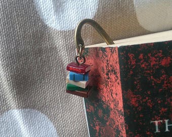 Book Bookmark (in library colours) - stack of books charm dangle bronze bookmark for booklovers bookworms author library (Made to Order)