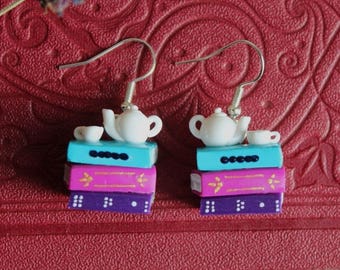 Handmade Book Stack Earrings - Teapot & Teacup, Polymer Clay Jewelry