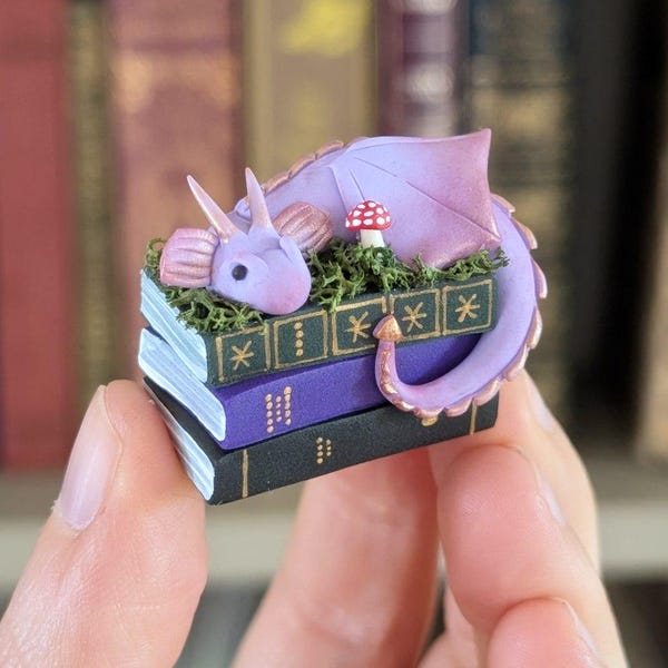Fantasy Book Dragon Figurine, Desk Decor or Bookshelf Buddy in Lavender, Green or Gold, 3.5cm Handmade Polymer Clay Statuette