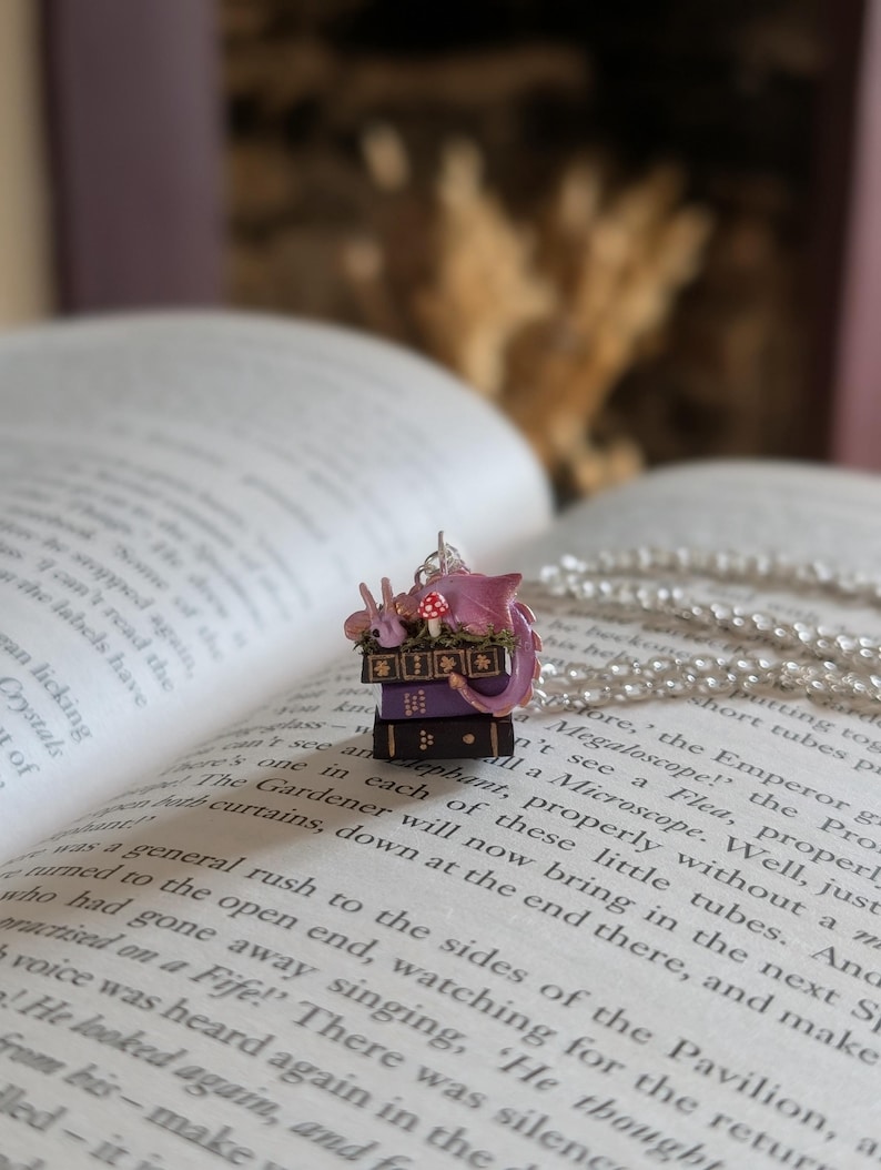 Lavender Book Dragon Necklace with Moss and Mushroom, Handmade Polymer Clay Fantasy Jewellery image 6