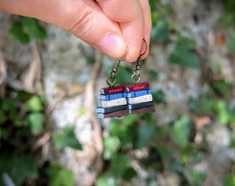 Stack of Books Earrings, Library Colours, Bronze Hooks (Made to Order) - Book Jewellery by Coryographies