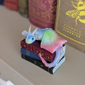 Book Dragon Figurine, Desk or Bookshelf Buddy, Miniature Handmade Polymer Clay Statuette image 2
