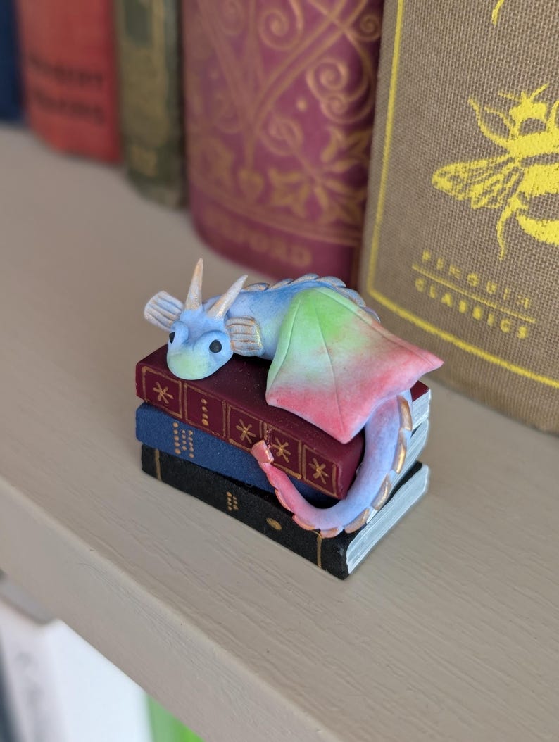 Book Dragon Figurine, Desk or Bookshelf Buddy, Miniature Handmade Polymer Clay Statuette image 2