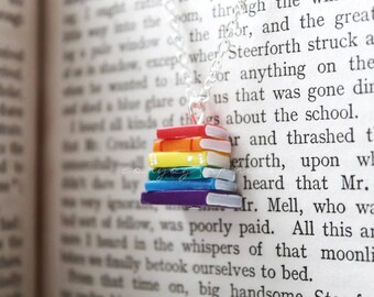 Tiny Rainbow Stack of Books Necklace - celebrating LGBT authors and readers by Coryographies