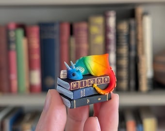 Rainbow Book Dragon Desk/Bookshelf Buddy – Medium (2.5 x 3.5 cm) or Large (3.5 x 4.5 cm) Handmade Polymer Clay Figurine