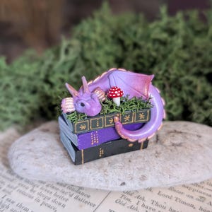 Puede incluir: Una figura en miniatura de un drag&oacute;n p&uacute;rpura descansando sobre una pila de tres libros. El drag&oacute;n tiene detalles dorados y un hongo rojo y blanco. Los libros son negros y morados con detalles dorados.