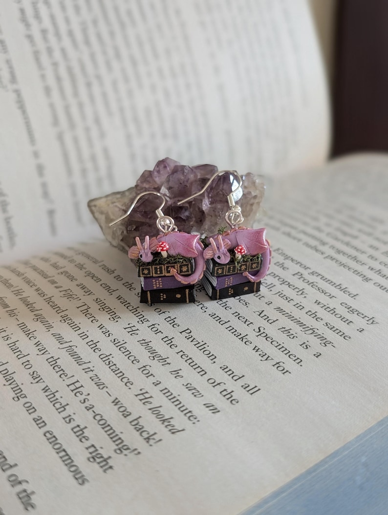Lavender Book Dragon Earrings with Moss and Mushroom, Handmade Polymer Clay Fantasy Jewellery image 3