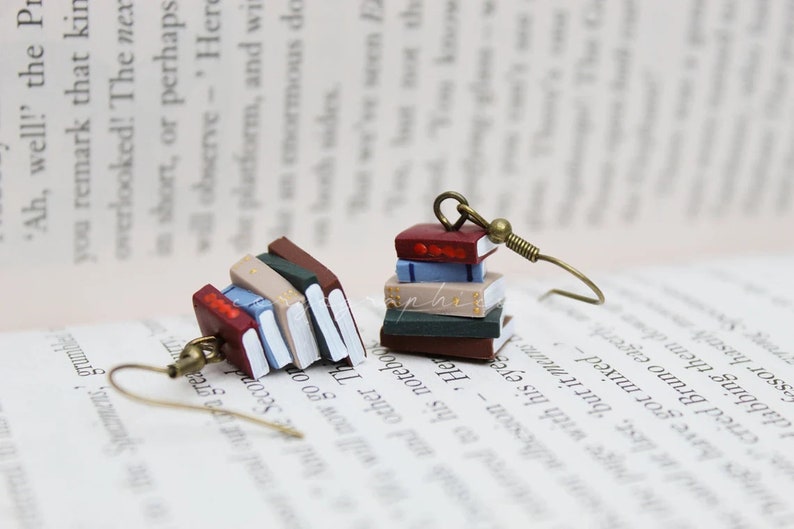 Stack of Books Earrings, Library Colours, Bronze Hooks Made to Order Book Jewellery by Coryographies image 3