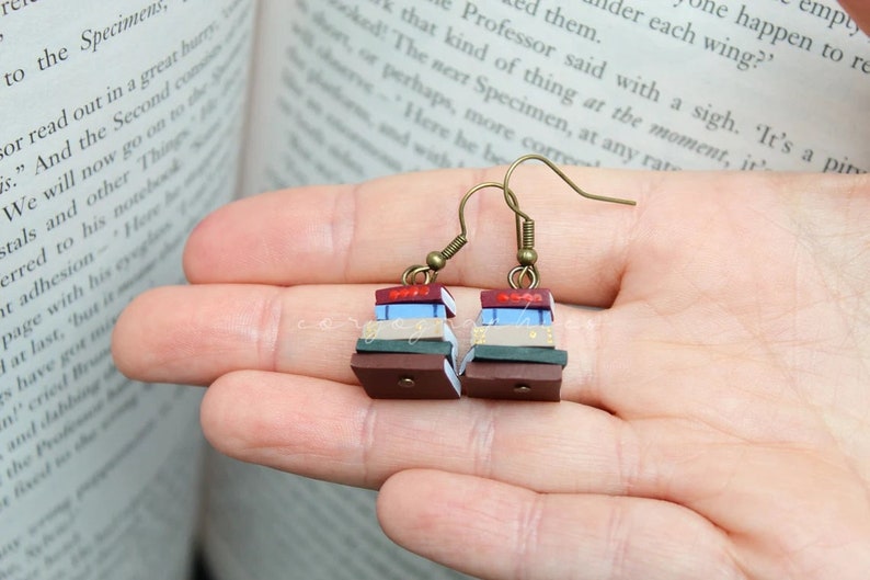 Stack of Books Earrings, Library Colours, Bronze Hooks Made to Order Book Jewellery by Coryographies image 2