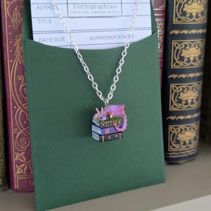 Lavender Book Dragon Necklace with Moss and Mushroom, Handmade Polymer Clay Fantasy Jewellery image 3