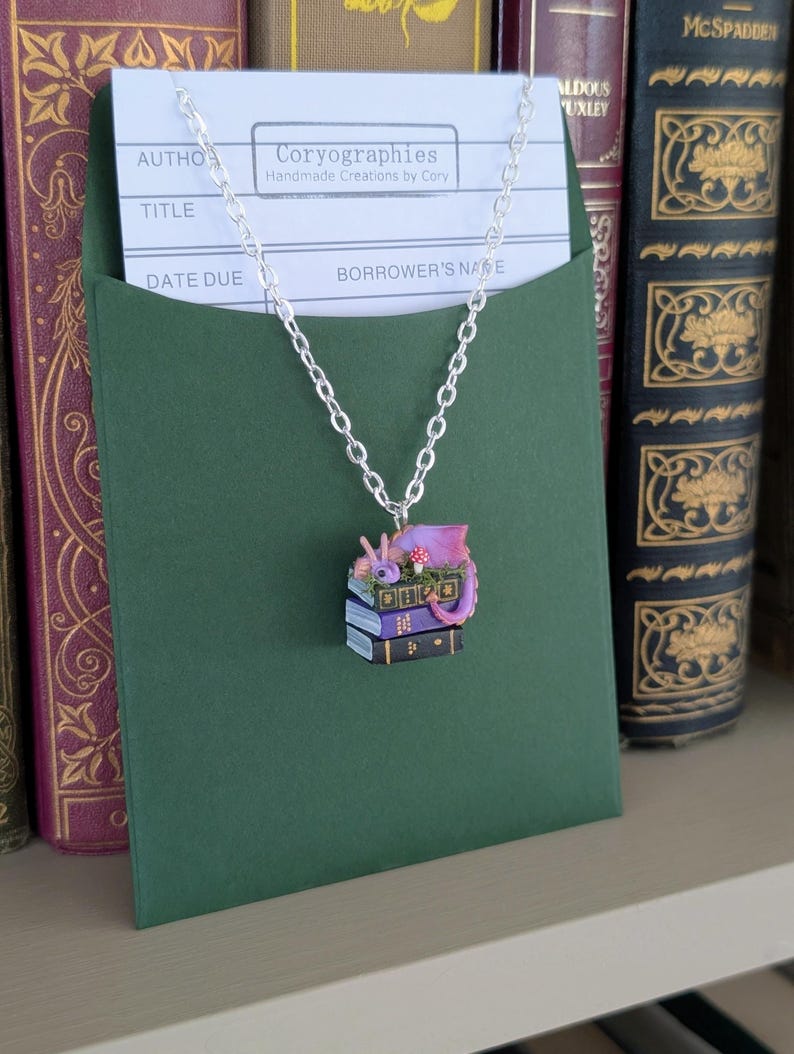 Lavender Book Dragon Necklace with Moss and Mushroom, Handmade Polymer Clay Fantasy Jewellery image 3