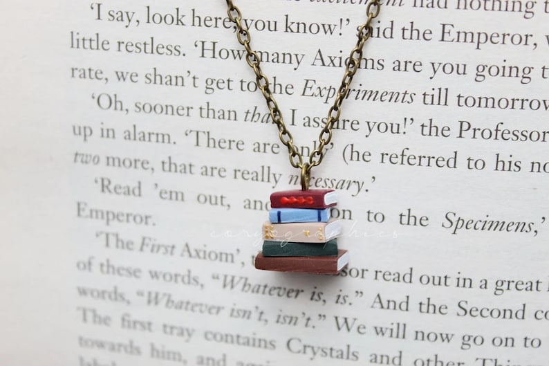 Stack of Books Necklace Tiny pile of books on a bronze chain for bookworms and booklovers by Coryographies image 4