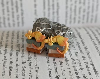 Golden Dragon on Books Earrings - Whimsical Book Lover Jewelry - Fantasy Clay Earrings