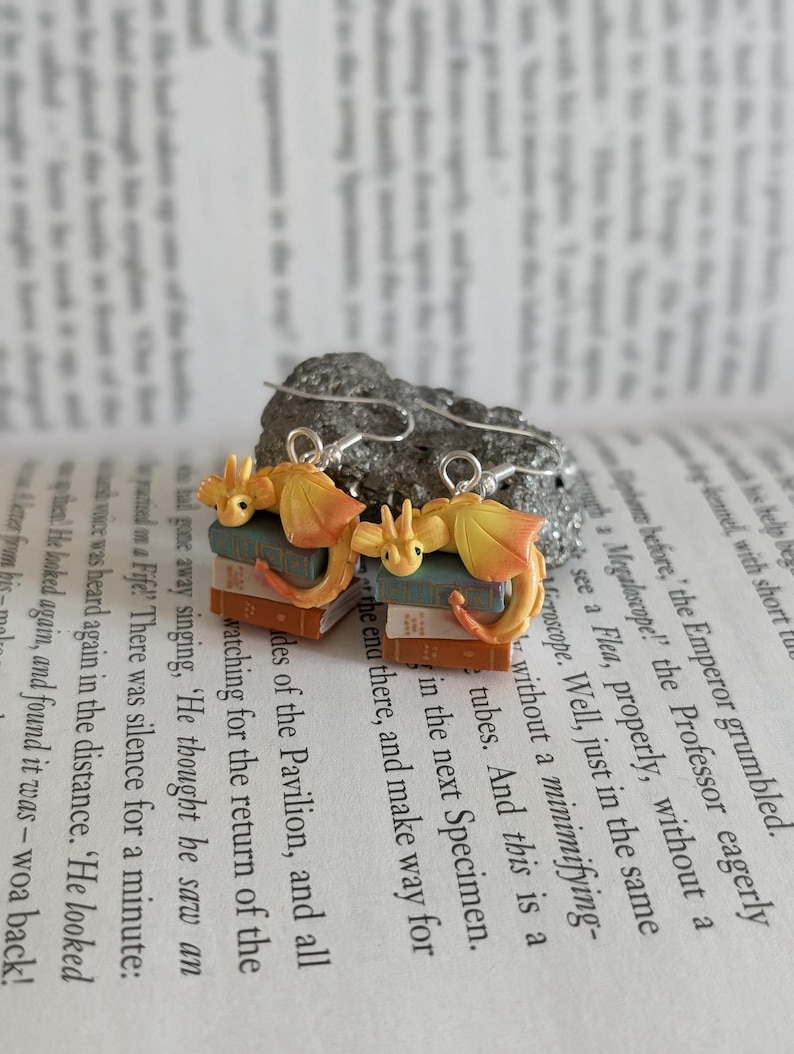 Golden Book Dragon Earrings, Handmade Polymer Clay Fantasy Jewellery image 1