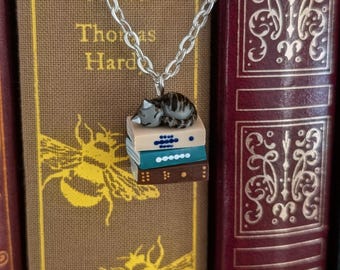 Grey Tabby Cat on a Stack of Books Necklace 1.5 cm x 1.7 cm