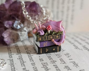 Lavender Woodland Book Dragon Necklace – Handmade Fantasy Bookworm Jewelry