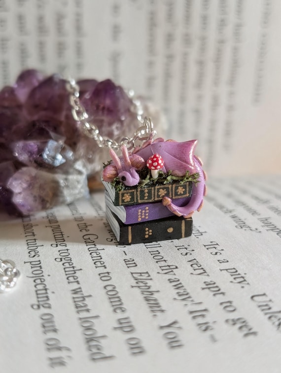 Lavender Woodland Book Dragon Necklace – Handmade Fantasy Bookworm Jewelry