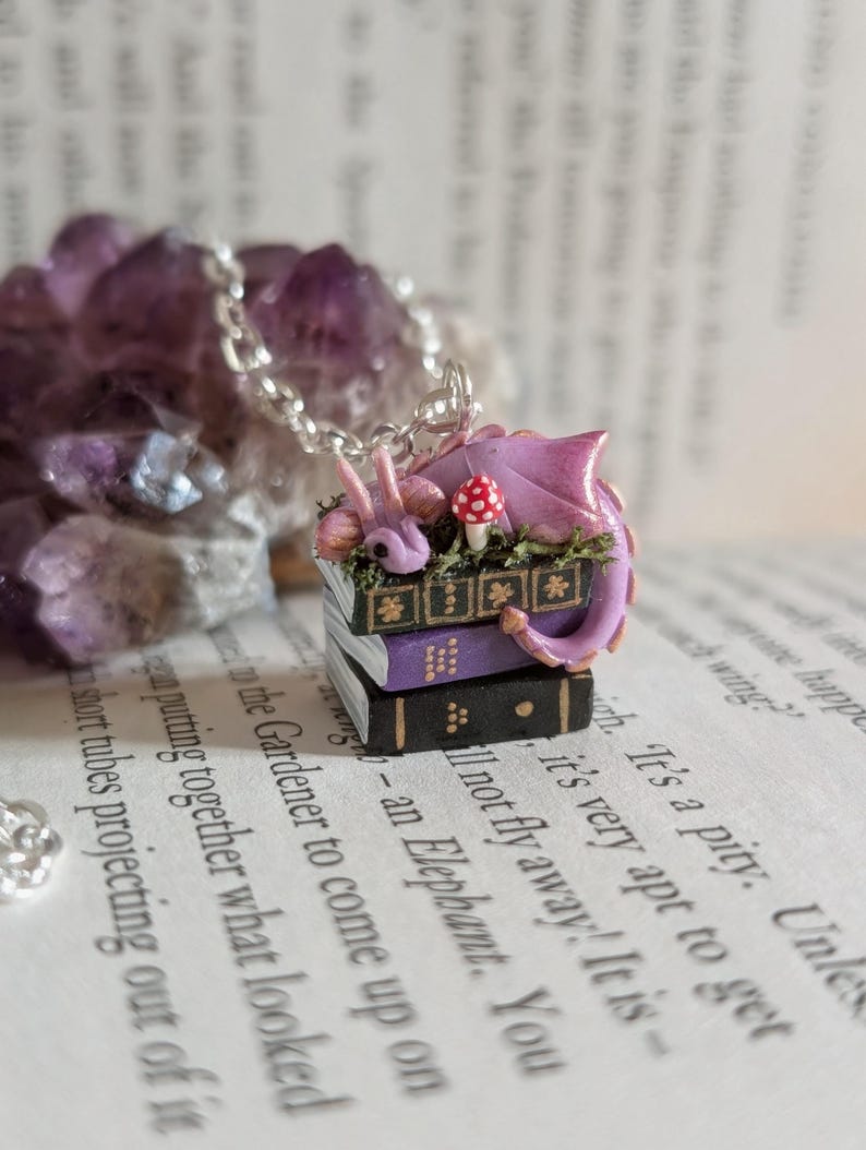 Lavender Book Dragon Necklace with Moss and Mushroom, Handmade Polymer Clay Fantasy Jewellery image 1