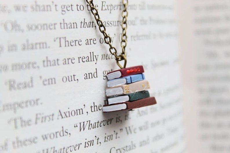Stack of Books Necklace Tiny pile of books on a bronze chain for bookworms and booklovers by Coryographies image 1