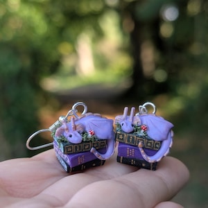 Lavender Book Dragon Earrings with Moss and Mushroom, Handmade Polymer Clay Fantasy Jewellery image 8