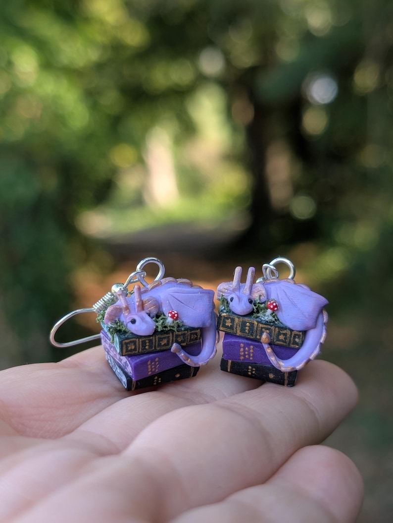 Lavender Book Dragon Earrings with Moss and Mushroom, Handmade Polymer Clay Fantasy Jewellery image 8