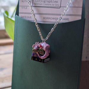 Lavender Book Dragon Necklace with Moss and Mushroom, Handmade Polymer Clay Fantasy Jewellery image 11