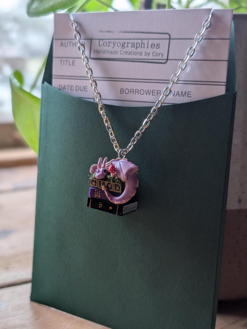 Lavender Book Dragon Necklace with Moss and Mushroom, Handmade Polymer Clay Fantasy Jewellery image 11