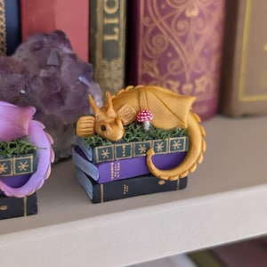 Puede incluir: Una figura de drag&oacute;n dorado descansando sobre una pila de libros en miniatura. El drag&oacute;n tiene alas detalladas y una cola enroscada. Una peque&ntilde;a seta roja y blanca est&aacute; cerca. Los libros son morados y negros, con detalles dorados. La figura est&aacute; sobre una estanter&iacute;a blanca.