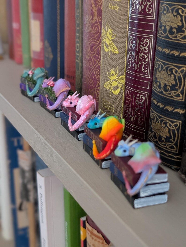 Book Dragon Figurine, Desk or Bookshelf Buddy, Miniature Handmade Polymer Clay Statuette image 6