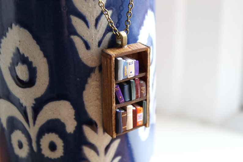 Bookshelf Necklace Little Antique Bookshelf Book Jewelry by Coryographies Made to Order image 3