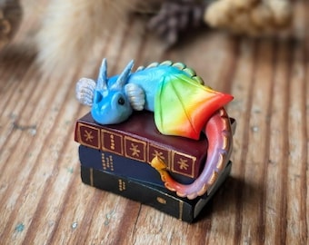 Rainbow Book Dragon Desk/Bookshelf Buddy – 3.5cm Handmade Polymer Clay Figurine