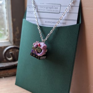 Lavender Book Dragon Necklace with Moss and Mushroom, Handmade Polymer Clay Fantasy Jewellery image 13